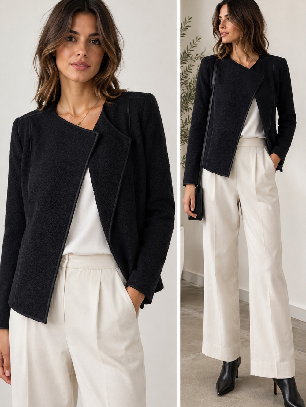 Vince Black Textured Bouclé Open Front Collarless Jacket Blazer M V2653-90707